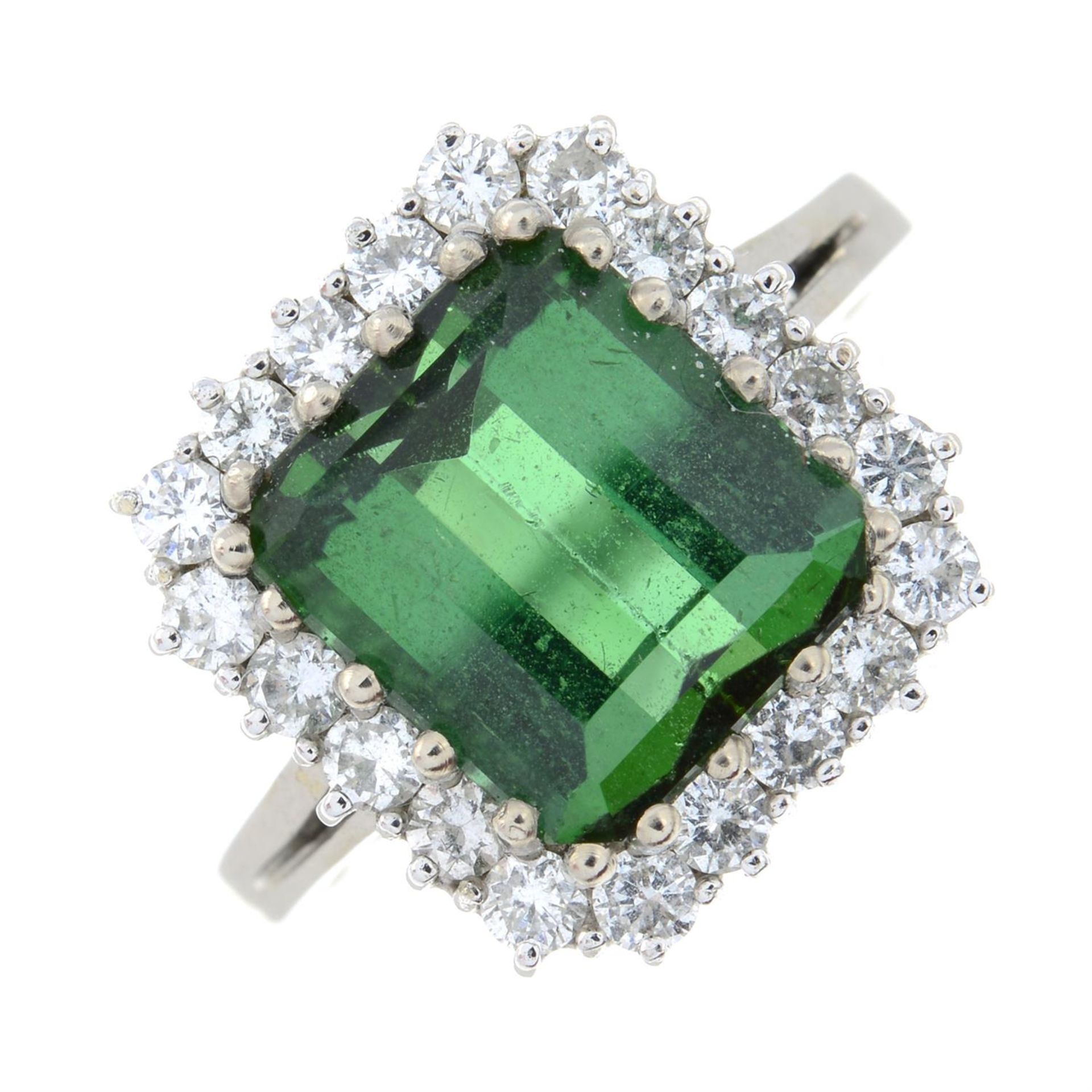 A green tourmaline and brilliant-cut diamond cluster ring. - Image 2 of 6