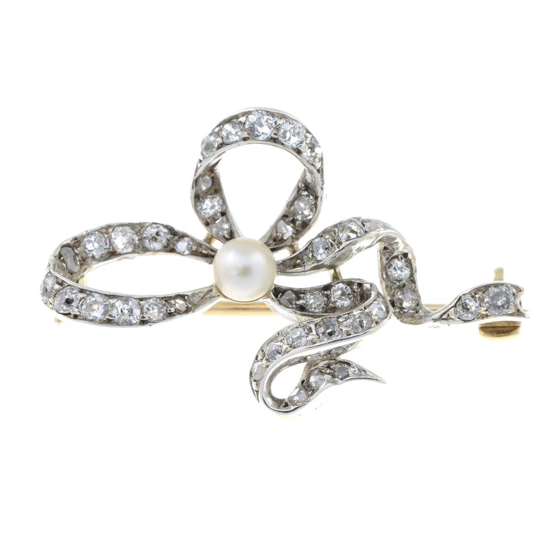 A late 19th century silver and gold, old-cut diamond and pearl ribbon brooch. - Image 2 of 5