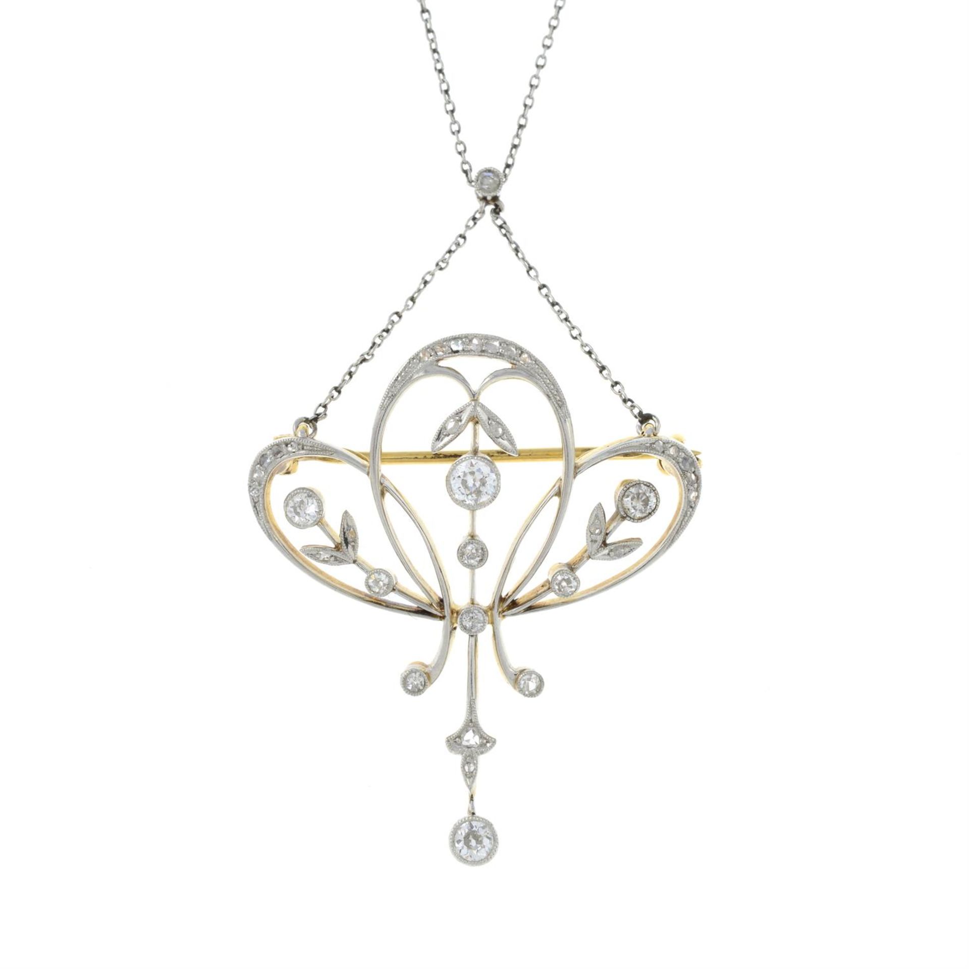 A Belle Époque platinum and gold old and rose-cut diamond pendant, with later rose-cut diamond - Bild 2 aus 5