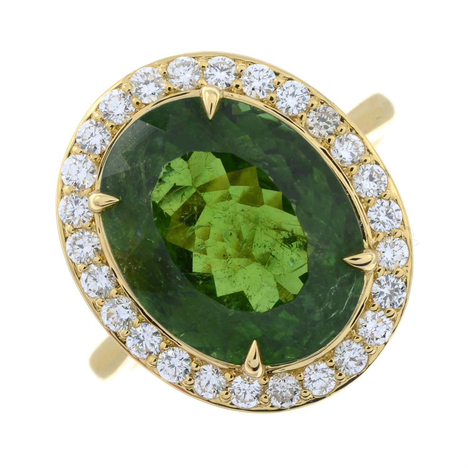 A green tourmaline and brilliant-cut diamond cluster ring. - Image 2 of 6