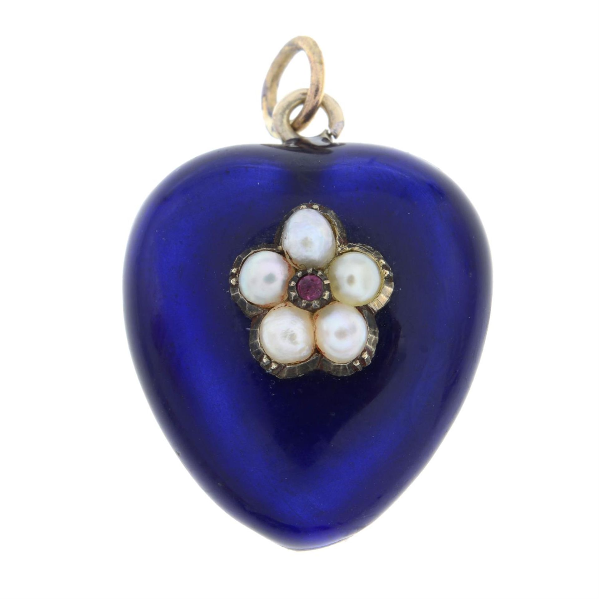 A late Victorian ruby and split pearl floral motif, blue enamel heart locket. - Bild 2 aus 5