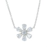 An 18ct gold vari-cut diamond floral cluster pendant, with integral chain.