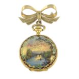 A mid 20th century 18ct gold enamel pocket watch, suspended from a 9ct gold bow brooch.