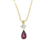 A garnet and brilliant-cut diamond pendant, with 9ct gold chain.