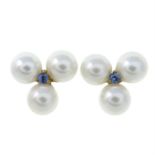 A pair of 9ct gold cultured pearl and sapphire cluster earrings.