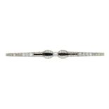 An Art Deco platinum and 18ct gold, diamond and onyx bow brooch.