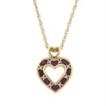 A 9ct gold ruby and single-cut diamond heart pendant, with 9ct gold chain.