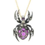 A ruby and rose-cut diamond spider pendant, with chain.