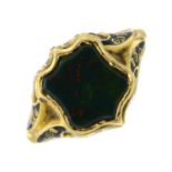 A mid Victorian 18ct gold bloodstone and enamel mourning ring.