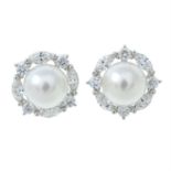 A pair of 18ct gold cultured pearl and vari-cut diamond cluster earrings.