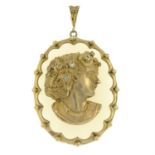 A 1970's 9ct gold chalcedony and single-cut diamond pendant, depicting a lady in profile.