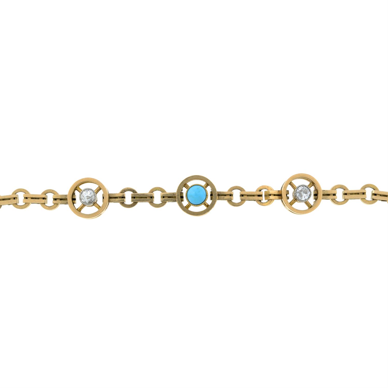 An early 20th century 15ct gold turquoise and diamond bracelet.