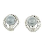 A pair of cultured pearl and brilliant-cut diamond earrings.