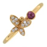An 18ct gold pink tourmaline and pave-set diamond butterfly ring.