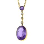 An early 20th century 9ct gold amethyst and split pearl pendant, with chain.