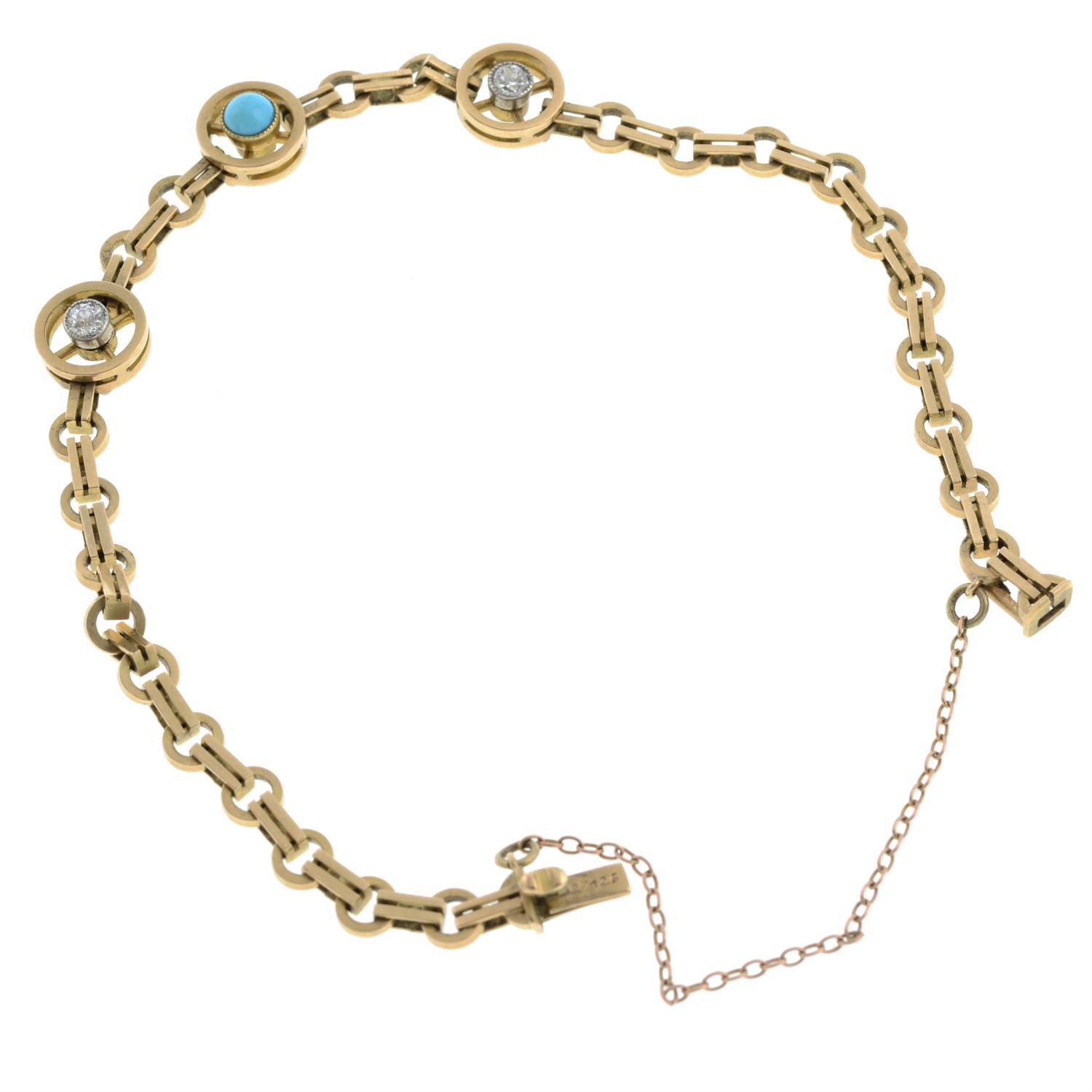 An early 20th century 15ct gold turquoise and diamond bracelet. - Image 2 of 4
