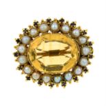 A late 19th century 18ct gold citrine, split pearl and amethyst cluster brooch.