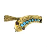 A mid 19th century turquoise and garnet snake brooch.