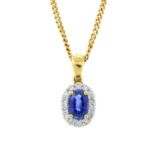 An 18ct gold sapphire and diamond cluster pendant, suspended from an 18ct gold chain.