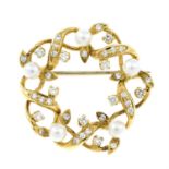 A mid 20th century 18ct gold cultured pearl and diamond brooch, by Cropp & Farr.