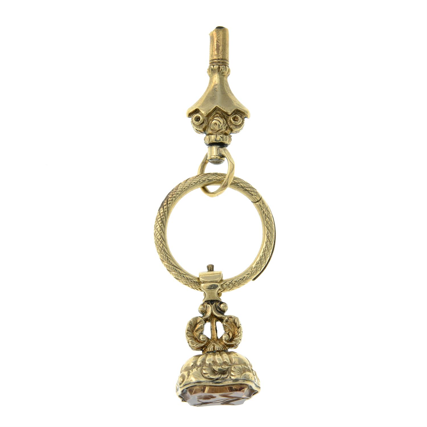 A mid 19th century 9ct gold split ring, suspending a fob and a watch key. - Image 3 of 4