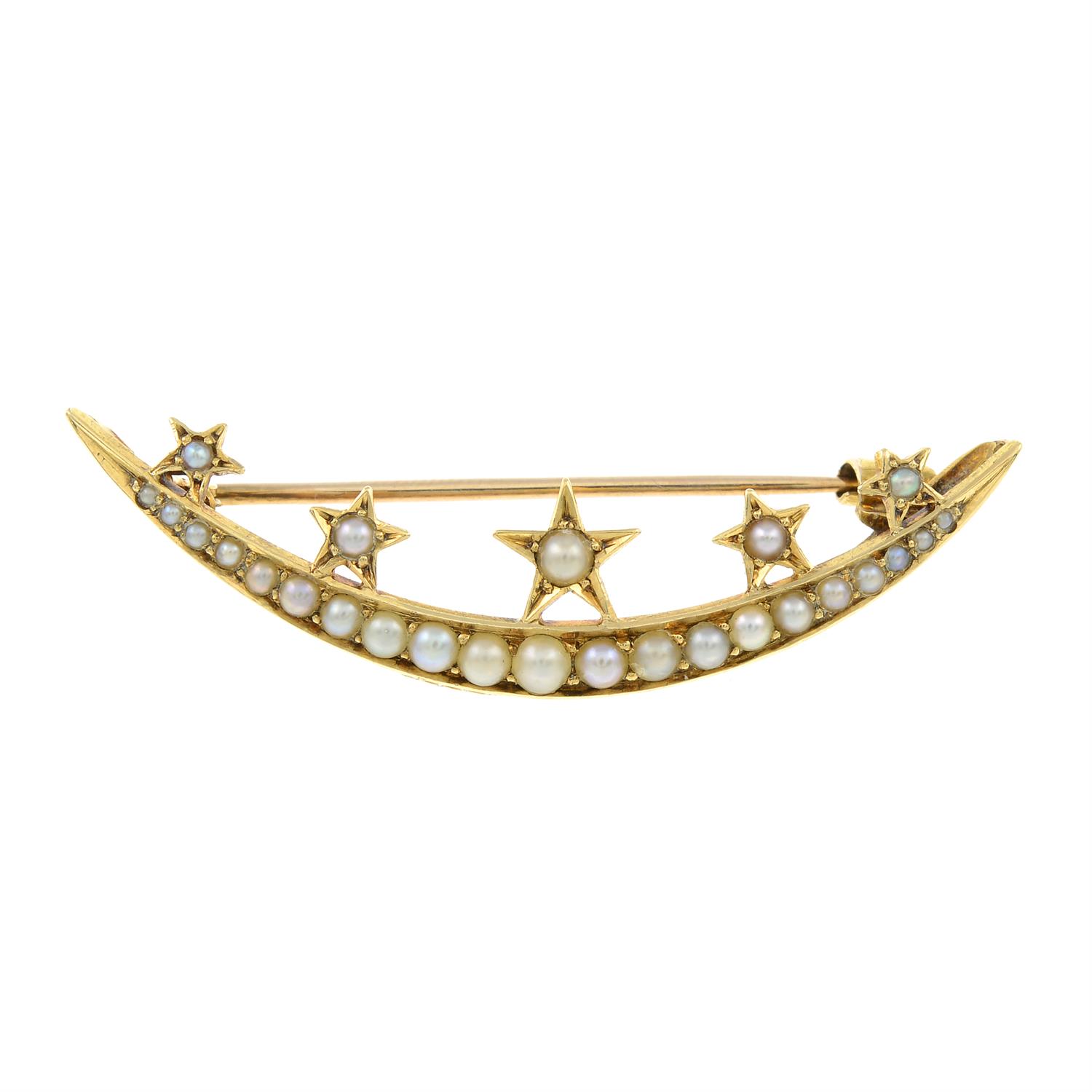 An early 20th century gold split pearl crescent and stars brooch. - Image 3 of 4