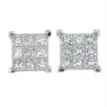 A pair of 18ct gold square-shape diamond cluster earrings.