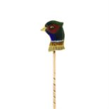 A 1960s 9ct gold enamel pheasant stick pin, by Alabaster & Wilson.