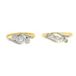 Two early 20th century 18ct gold and platinum vari-cut diamond rings.