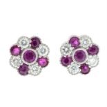 A pair of 18ct gold ruby and brilliant-cut diamond cluster earrings.
