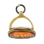 A late 19th century carnelian fob, with initial detail.