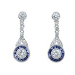 A pair of 18ct gold sapphire and diamond drop earrings.