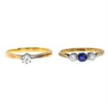 An 18ct gold diamond single-stone ring, and a sapphire and diamond three-stone ring.