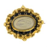 A mid 19th century gold memorial brooch, with black enamel and woven hair panel.