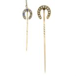 Two early 20th century gold gem-set horseshoe stickpins.