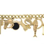 A curb-link charm bracelet, suspending fourteen charms, gathered at a 9ct gold padlock clasp.