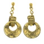 A pair of late 19th century gold drop earrings, with cannetille detail and buckle motif.
