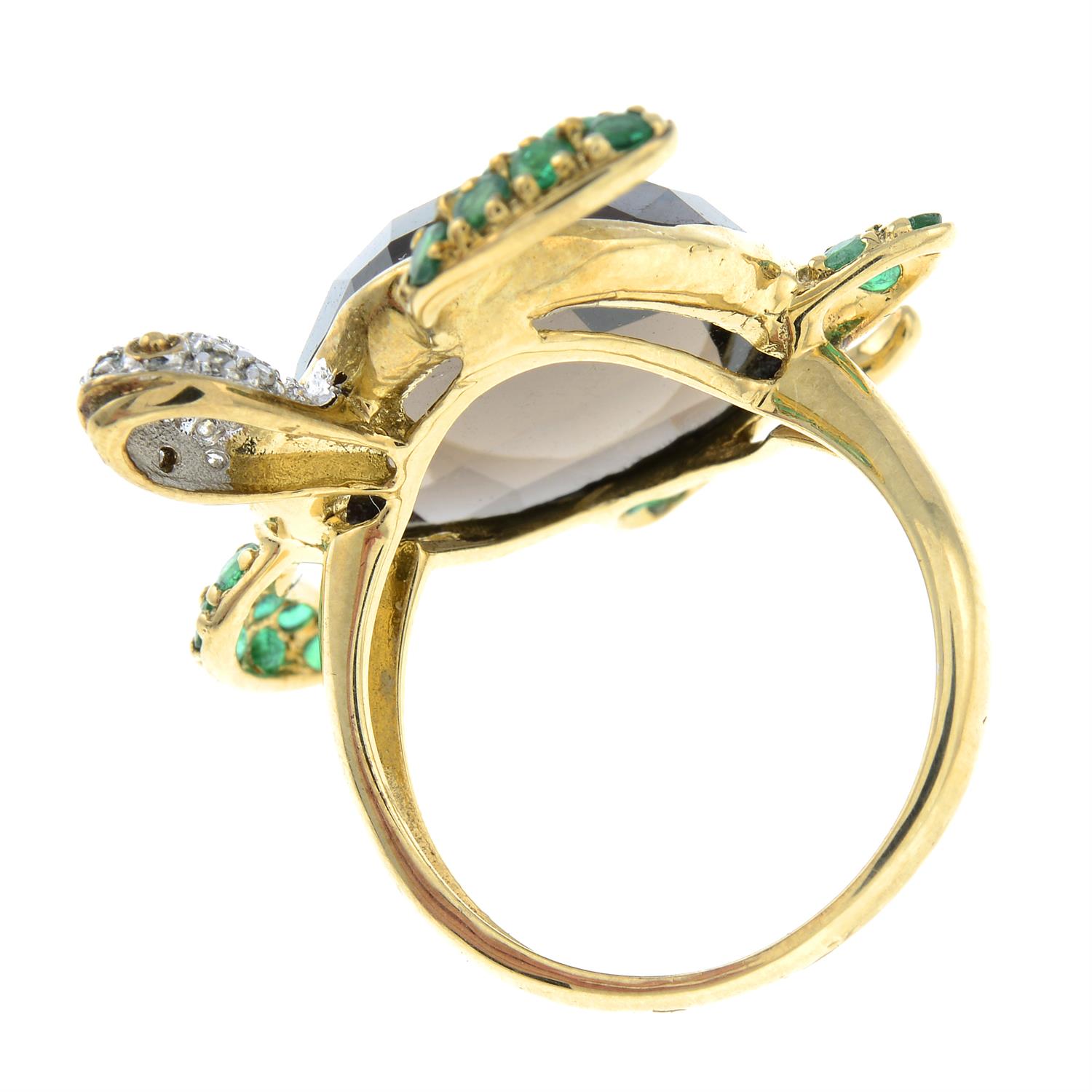 A 9ct gold smoky quartz, emerald and diamond turtle ring. - Image 2 of 2