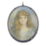 An early 20th century paste and enamel locket pendant, painted to depict a young lady's portrait