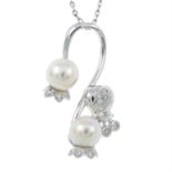 A 9ct gold cultured pearl and diamond pendant, depicting lily-of-valley, with chain.