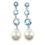 A pair of blue topaz and cultured pearl drop earrings.