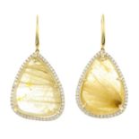 A pair of rutilated quartz and diamond earrings.