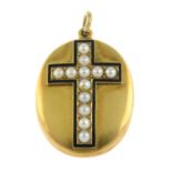 A late 19th century gold split pearl and enamel cross locket pendant.