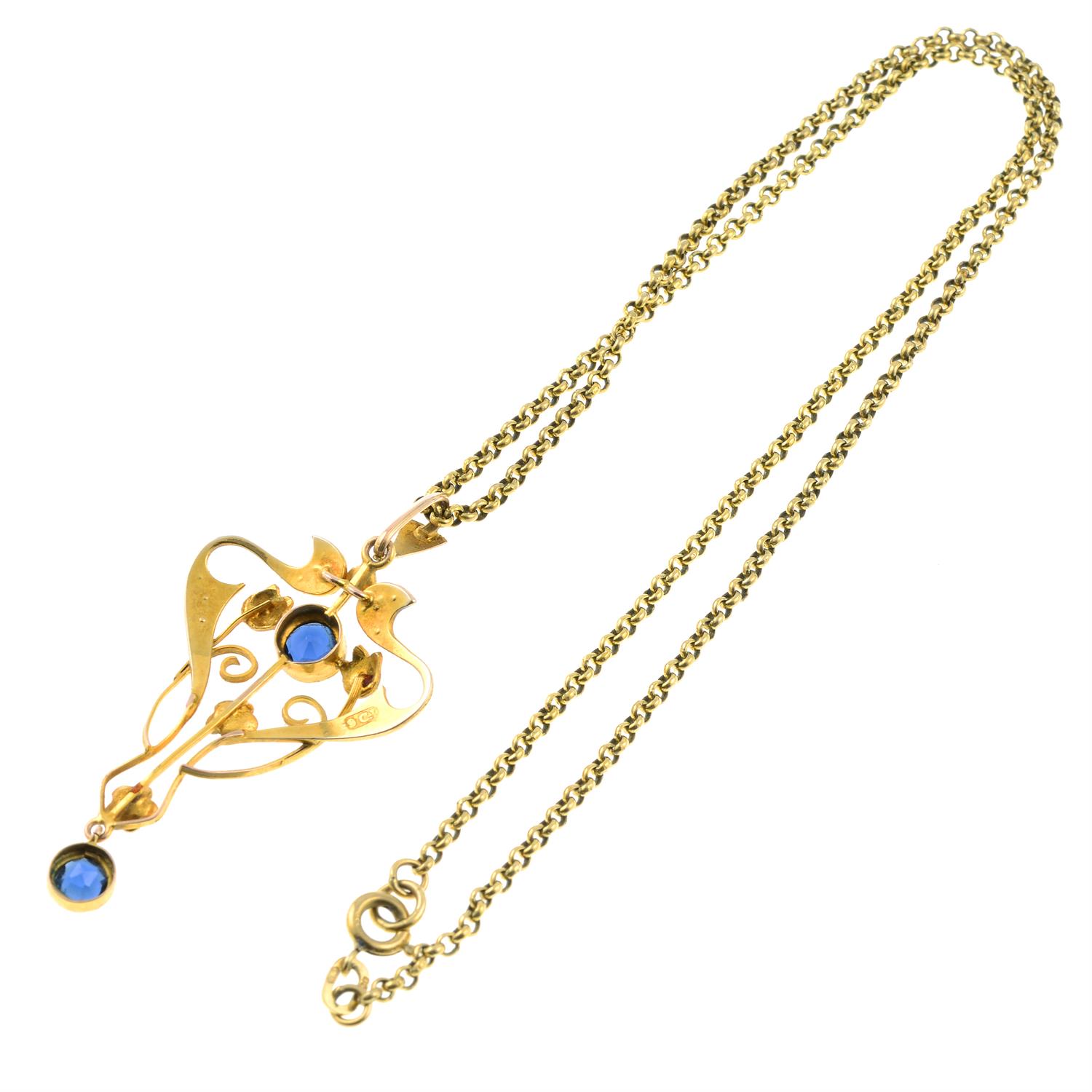 An early 20th century 9ct gold split pearl and blue paste openwork pendant, with later 9ct gold - Image 2 of 2