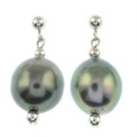 A pair of cultured pearl drop earrings.