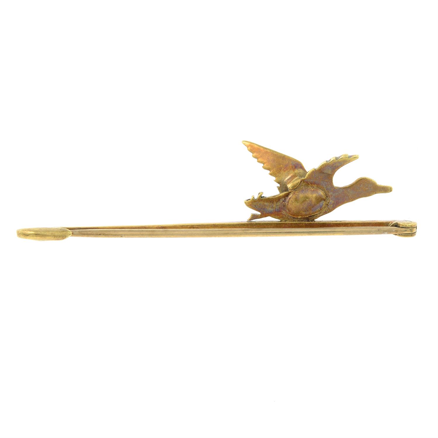 An early 20th century 15ct gold mother-of-pearl and enamel duck bar brooch. - Image 2 of 2