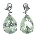 A pair of 18ct gold prasiolite, green gem and diamond drop earrings.