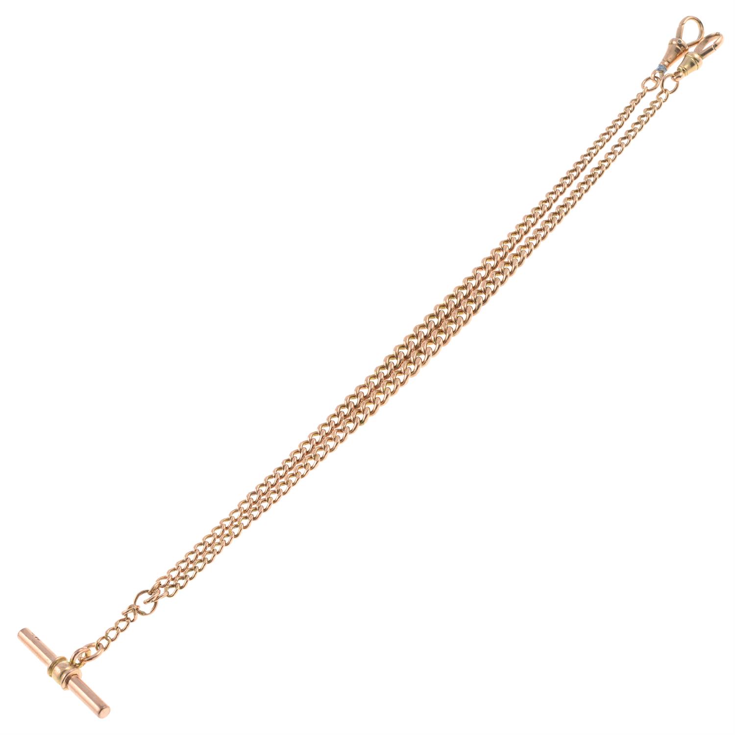 A 9ct gold curb-link Albert, with lobster clasp terminals, suspending a T-bar. - Image 2 of 2