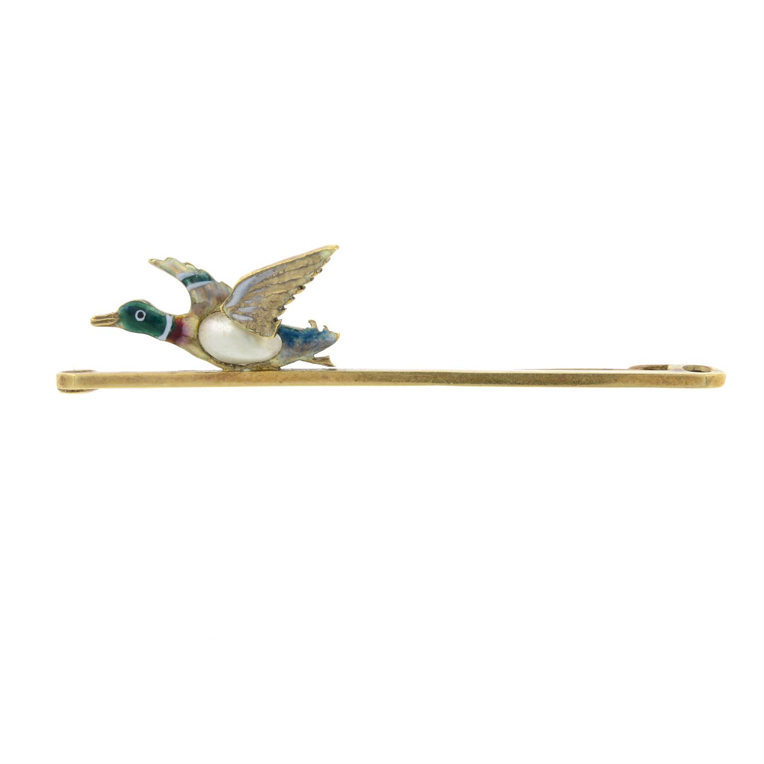 An early 20th century 15ct gold mother-of-pearl and enamel duck bar brooch.