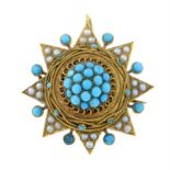 A late 19th century gold turquoise and split pearl brooch.